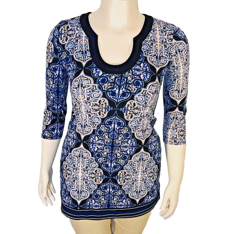 WHBM Tunic Top Womens S Black Blue Horseshoe Neck Grecian Print 3/4 Sleeve